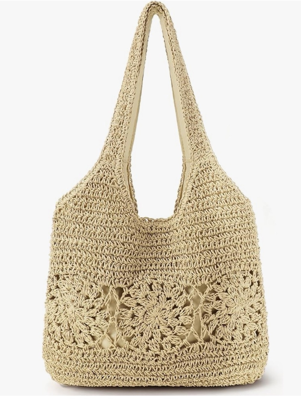 Large Crocheted Straw Tote Bag in Natural Beige Floral Motif Summer Shoulder Bag